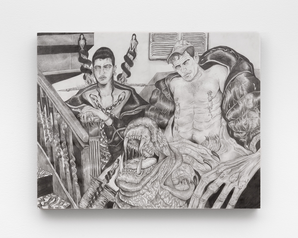 <i>Invoke Throat</i>, 2023. Pen and ink on paper mounted on board, 19 x 24 in (48.3 x 61 cm)